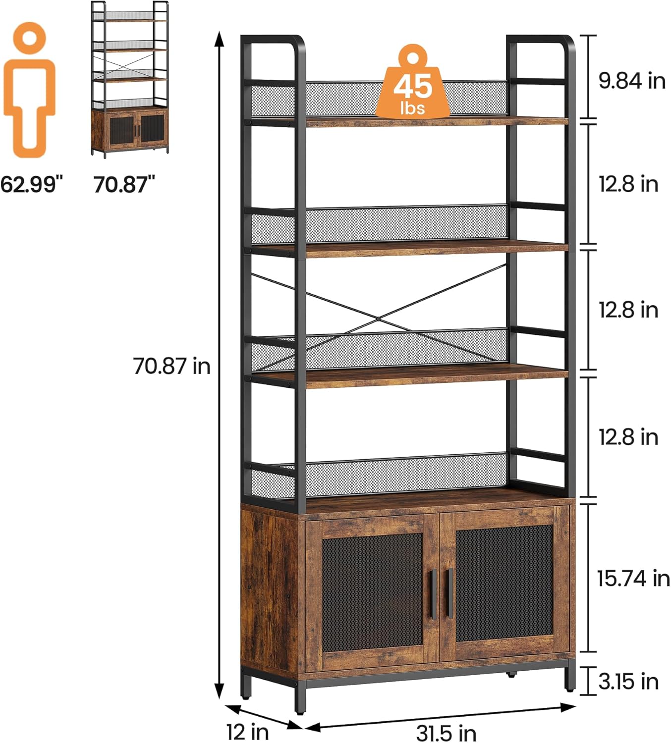 IDEALHOUSE Industrial Bookshelf with Doors Rustic Bookcase with 4 Tiers Open Storage Shelf Brown Bookshelves 70.87