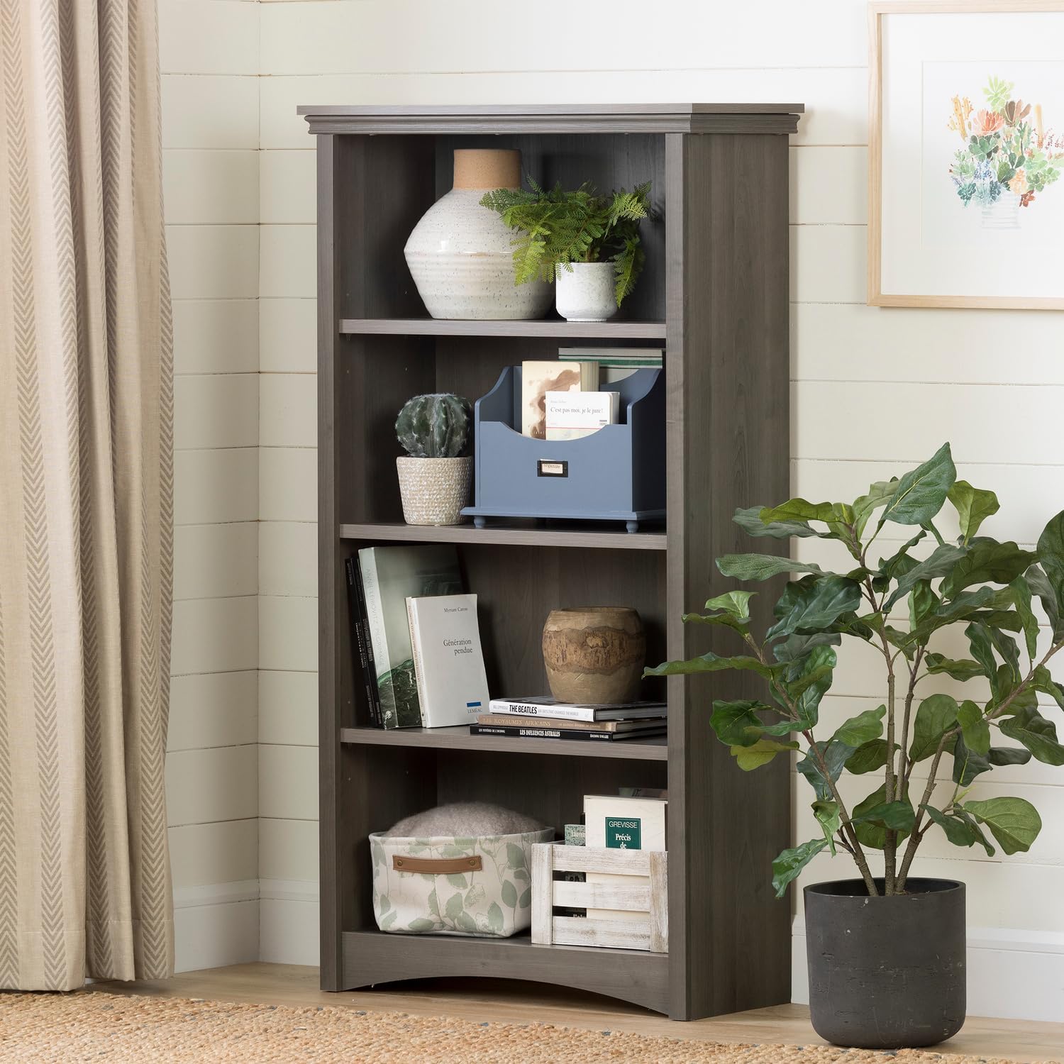 Retro Revival 4-Shelf Bookcase, Grey Maple, 12.75