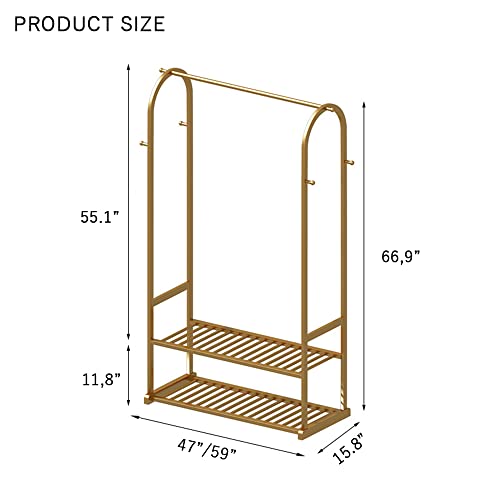 MAIKAILUN Clothes Rack Gold, Freestanding Coat Rack Modern Rolling Garment Rack with Wheels and Bottom Shelves, Industrial Heavy Duty Pipe Clothing Rack Wardrobe Closet for Boutique Display (39