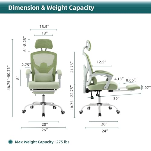Ergonomic High Back Office Chair with 135° Reclining, Mesh Office Chair with Lumbar Support and Footrest, Adjustable Headrest - 360° Swivel Gaming Chair for Home Office, Study Room(Green)