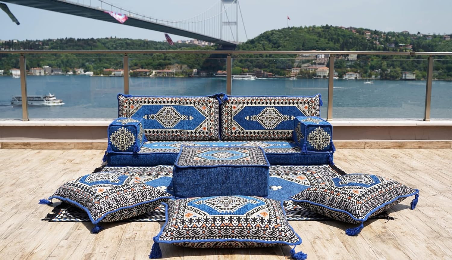 Arabic Floor Sofas, Moroccan Rug, Arabic Jalsa, Sectional Sofa, Oriental Sofa, Moroccan Floor Cushions, Ottoman Couch (4'' Thickness Sofa, Sofa Full Set, Royal Blue)
