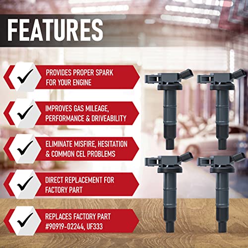 Ignition Coil Pack Set of 4 - Compatible with Toyota, Scion & Lexus Vehicles - Camry, Corolla, Solara, tC, xB, HS250h and more 2.0L, 2.4L models- Replaces 90919-02244, UF333 - Year Models 2001-2012