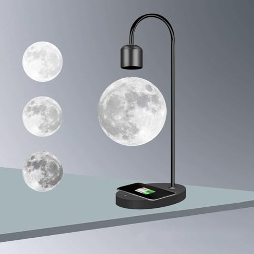 Magnetic Levitating Moon Lamp Levitation Plastic Black Table LED Night Light Zero-Gravity Floating Desk Toys for Decoration Gifts Present with Phone Wireless Charging Pad (3 Colors)