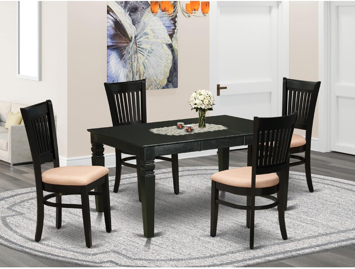 Mediterranean Magic 5-Pc Wooden Dining Table Set 4 Wood Dining Chair with Slatted Back and A Linen Fabric Seat and Butterfly Leaf Dining Table with Rectangular Top and 4 Legs- Black Finish