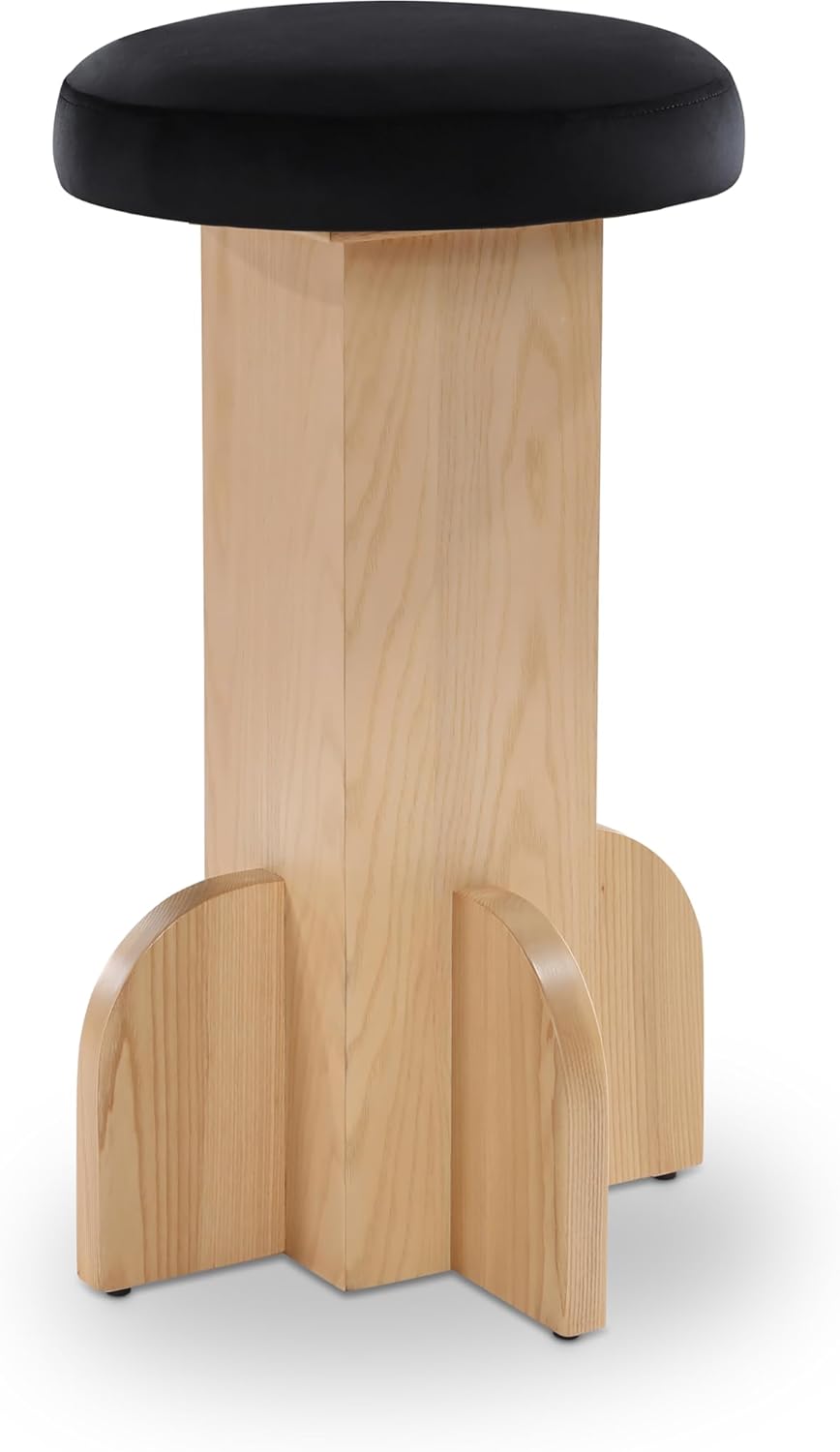 Meridian Furniture 717Black-C Wyatt Collection Art Deco Stool with Luxe Black Velvet, Ash Wood Natural Finish, 16