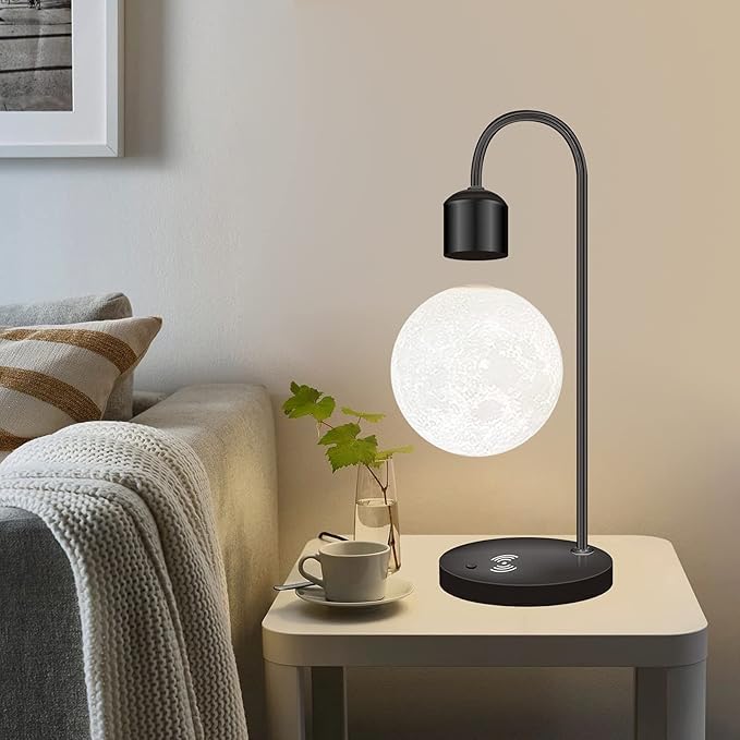 Magnetic Levitating Moon Lamp Levitation Plastic Black Table LED Night Light Zero-Gravity Floating Desk Toys for Decoration Gifts Present with Phone Wireless Charging Pad (3 Colors)