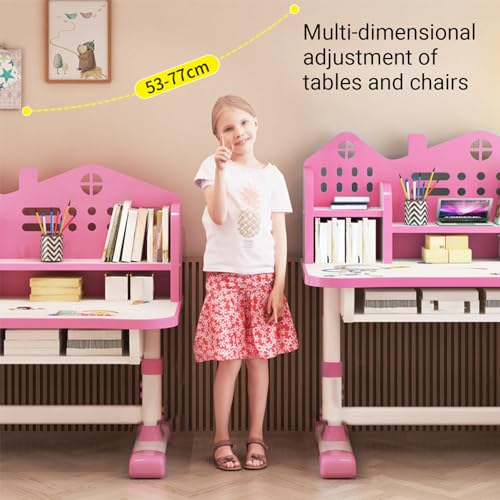 Kids Desk and Chair Set, Height Adjustable Children School Desk Small Standing Desk with Drawer Chair Set Multi Separation Cartoon Pattern Desk Kids Writing Study Table for Boys Girls 3+ (pink 2)