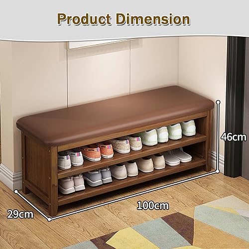 Hallway Bench for Entryway, Bamboo Shoe Rack Bench with Shoe Storage and Seating, Narrow Entryway Bench with Drawers, 100×29×46cm