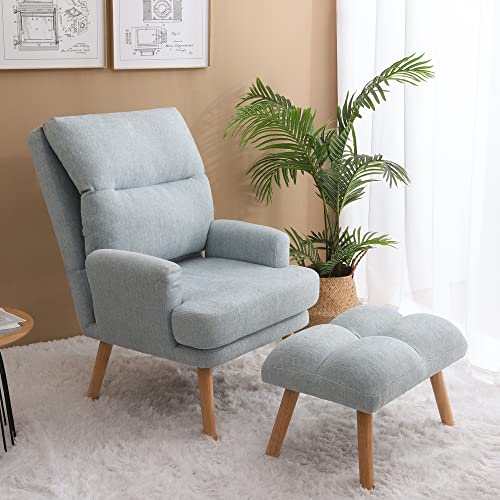 Accent Chair with Ottoman Modern Upholstered Single Sofa Chair Side Armchair with Adjustable Backrest and Wood Legs, Comfy Lounge Chair for Home Office Beige