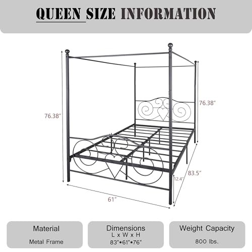 Queen Size Canopy Metal Bed Frame with Vintage Style Headboard & Footboard. Victoria Style Old Fashion Iron-Art Bedframe Easy Assembly (Black Vintage)