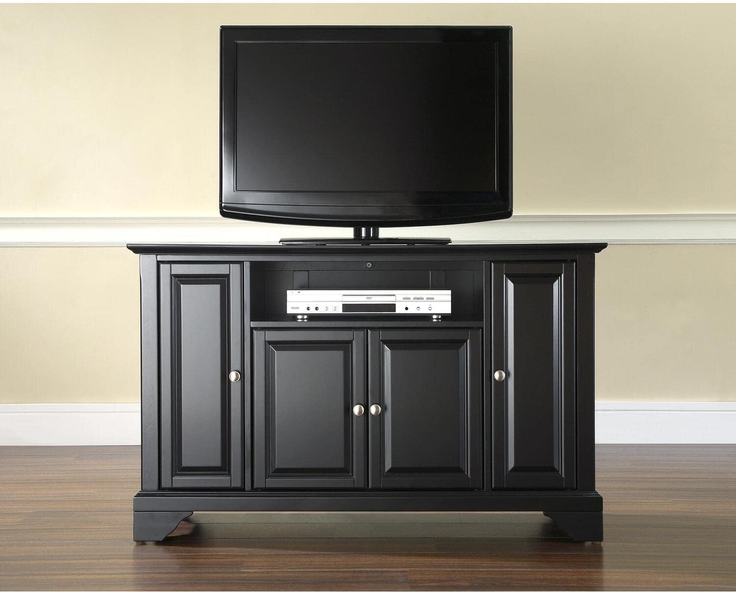 Rococo Radiance 48-inch TV Stand - Black Finish, 18 x 47.75 x 30 inches, Free Standing, Wood Veneer Construction, Stylish TV Stand for Living Rooms, Storage TV Stand