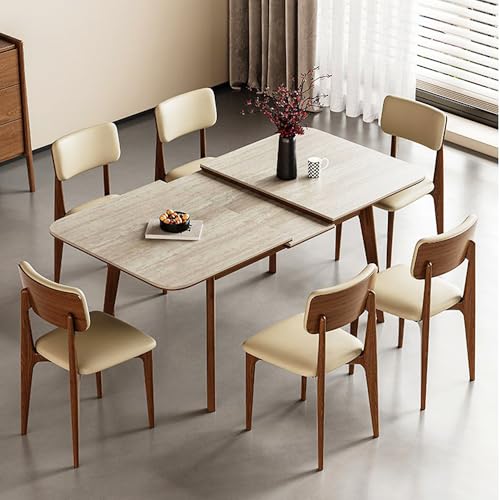 SUSUO Mid-Century Modern Expandable Dining Table, Simplicity Rectangular Sintered Stone Dining Table with Wooden Base, Space-Saving Multifunctional Dining Table, Home Kitchen Furniture