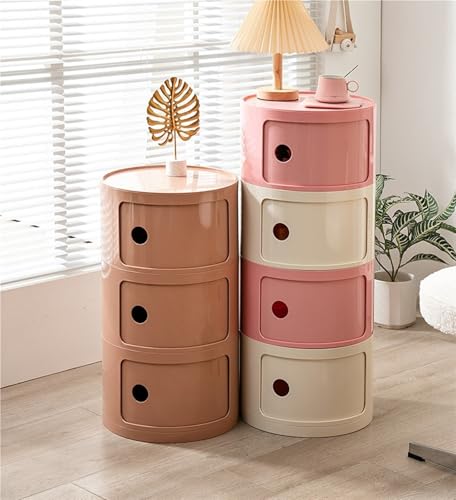 Round Nightstand with Drawer, 2/3/4 layers Round Nightstand with Storage, Bedside Tables, Modern Side Table, Space-saving Bedside Table(Pink,Large)