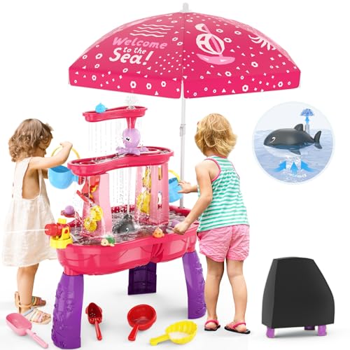 Water Table for Toddlers 3-5 with Water Pumb, 3-Tier Kids Sand Water Table, Rain Showers Splash Pond for Outdoor Beach Backyard Summer, Activity Sensory Play Table for Girls, Pink