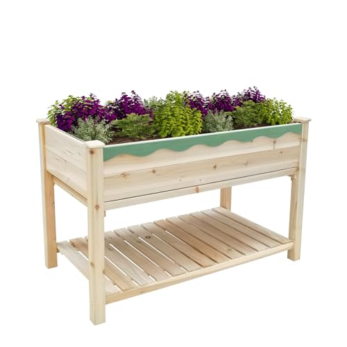Wooden Raised Garden Bed with Legs 46x24x30in Outdoor Wood Elevated Planter Box for Flowers/Vegetables/Herbs with Shelf, Protective Liner, Plastic Pull-Out Tray (Natural Color)