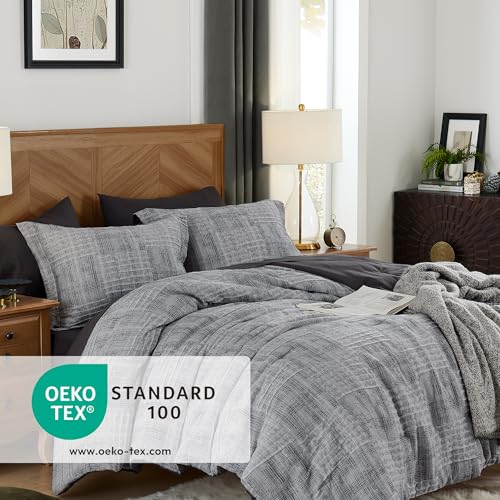 MaiRêve Blue Comforters Queen Size, Textured Design Queen Size Bedding Bet, 7 Pieces Bed in a Bag Queen with Lightweight Premium Comforter, Sheets, Pillowcases & Shams (Grey Blue,90