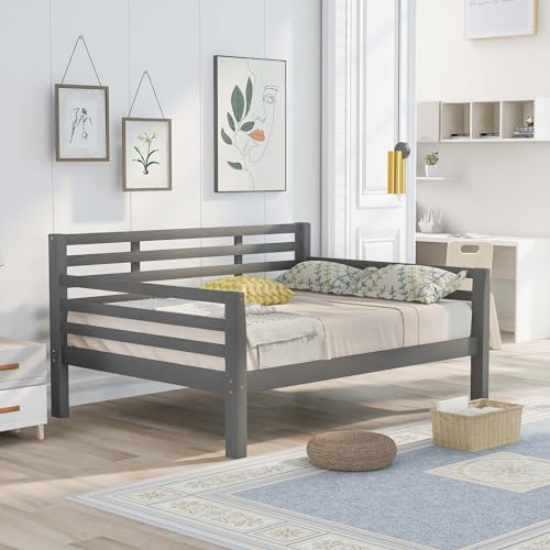 Full Size Wooden Day Bed Frame with Headboard, Wood Slats Support, No Box Spring Needed, Easy Assembly for Bedroom Small Living Room Apartment, Classical Sofa Bed Frame (Gray)