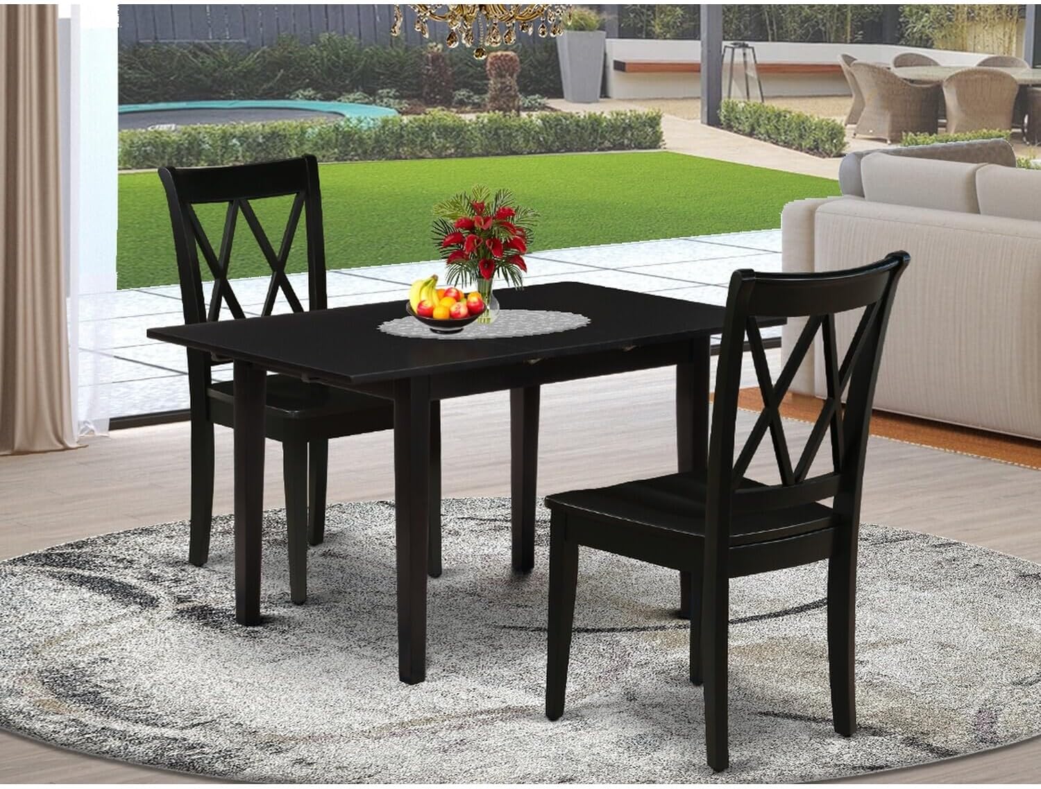 Artisanal Artistry 3-Piece Rectangular Dinette Set Dining Room Chairs with Double X-Back and A Wooden Seat and Butterfly Leaf Rectangular Dining Table with Rectangular Top and 4 Legs