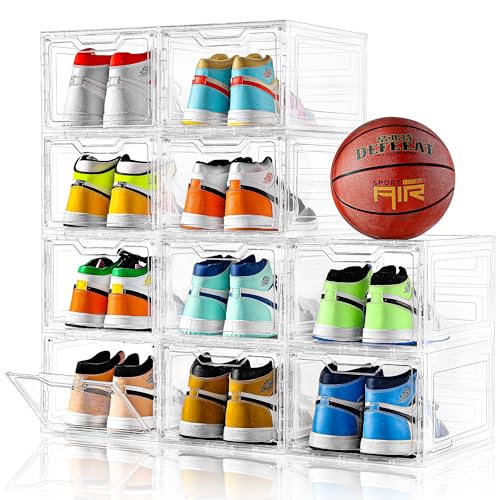 12 Pack Thicken & Sturdy Clear Shoe Storage Organizer with Magnetic Door, Shoe Boxes Clear Plastic Stackable for Closet, Shoe Rack for Sneaker Boot Container, Shoe Cabinet Fit up to US Size 12