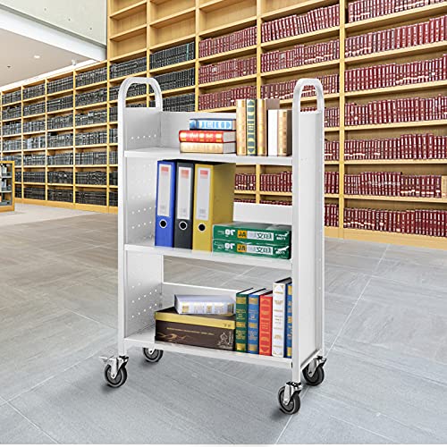 BestEquip Book Cart, 200LBS Library Cart, 49.2''x29.5''x13.8'' Rolling Book Cart, Single Sided L-Shaped Flat Shelves with Lockable Wheels for Home Shelves Office School Book Truck White