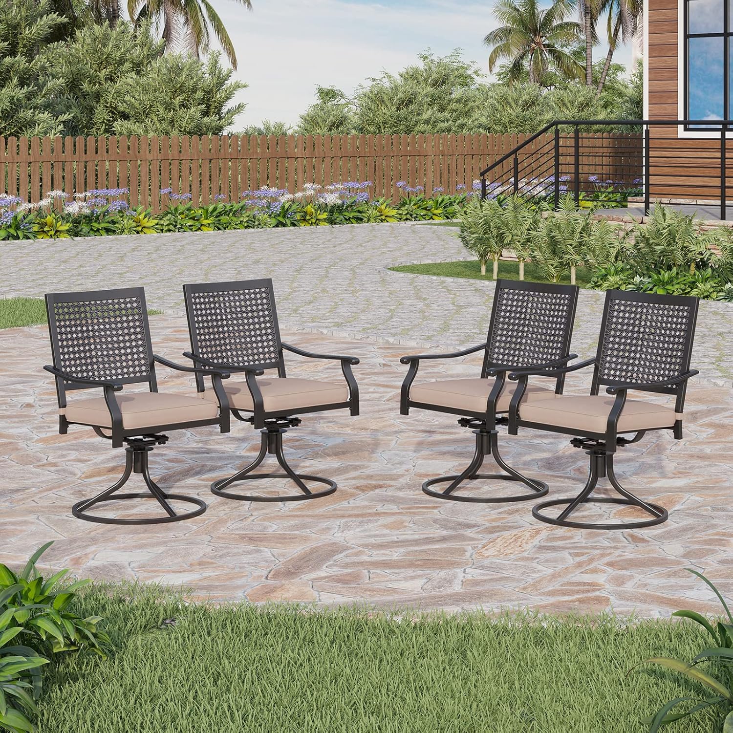 PHI VILLA Patio Swivel Dining Chairs Set of 4, Outdoor Kitchen Garden Metal Chair with Cushions, Patio Furniture Chair with Armrest, Black Frame