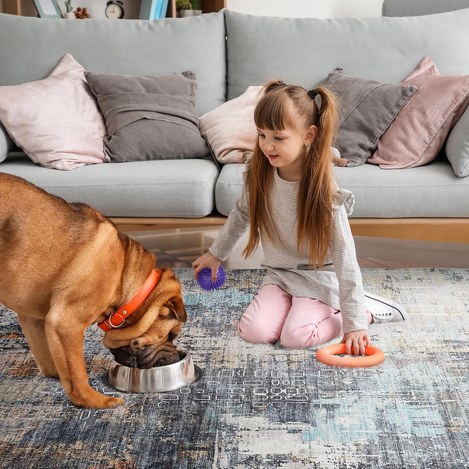 Abstract Area Rug 8x10, Washable Large Rugs for Living Room, Ultra Soft Non-Slip Bedroom Rug Print Distressed Non-Shedding Carpet Rug for Dining Room Dorm Office Grey/Aqua/Dark Pewter 8 x 10