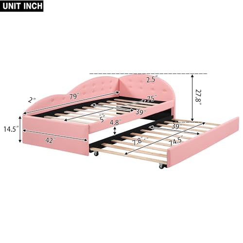 Harper & Bright Designs Full Daybed with Storage,PU Upholstered Tufted Daybed with 2 Drawers and Cloud Shaped Guardrail, Modern Full Storage Bed Sofa Daybed for Bedroom, Living Room,Pink
