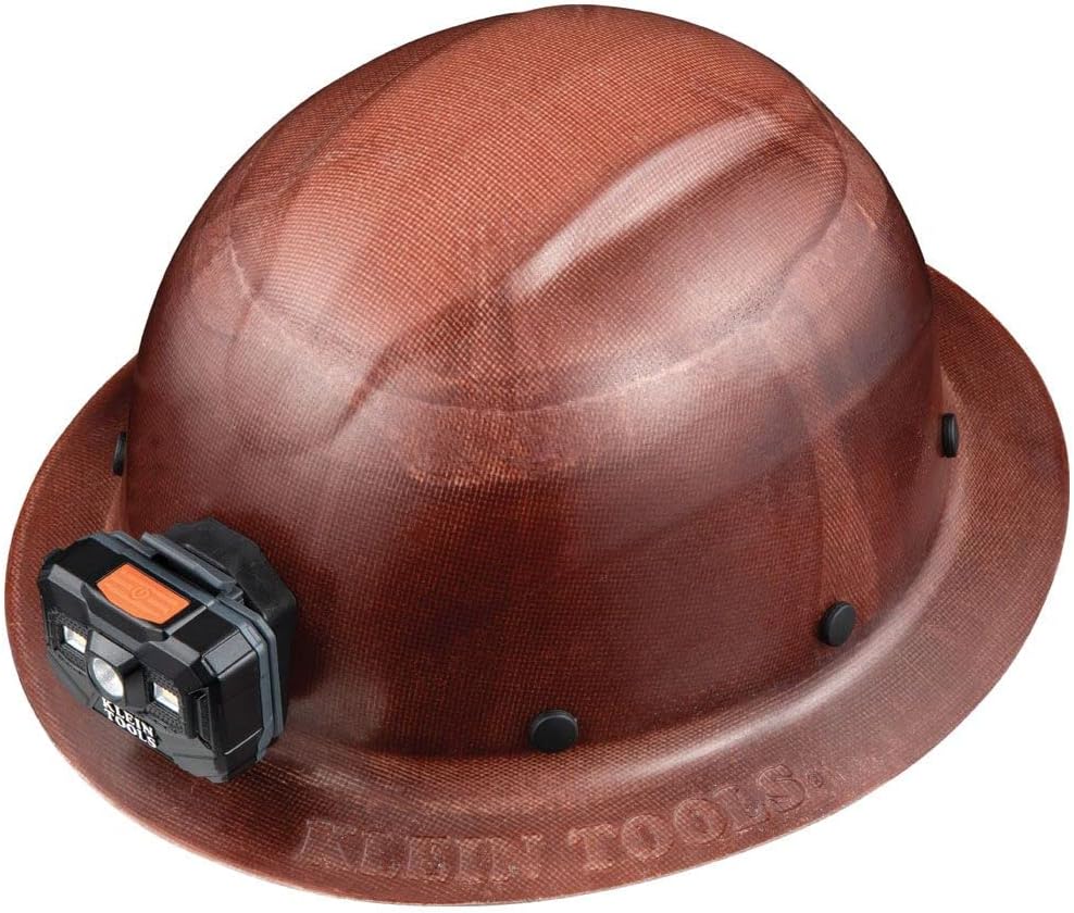 Klein Tools 60447 Hard Hat, Full Brim Class G KONSTRUCT Series Hard Hat with Rechargeable Headlamp, Brown & 60181 Cooling Helmet Liner, Under Hard Hat Cap with Mesh Fabric at Crown