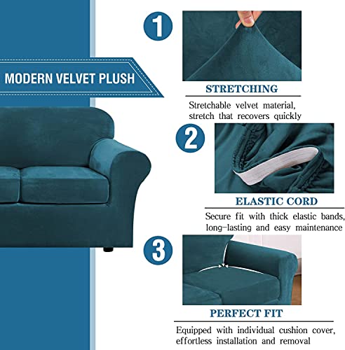 Velvet Sofa Slipcover for 1 2 3 Cushion Couch Cover, 4 Pieces Stretch Sofa Cover Soft Furniture Protector with Elastic Bottom