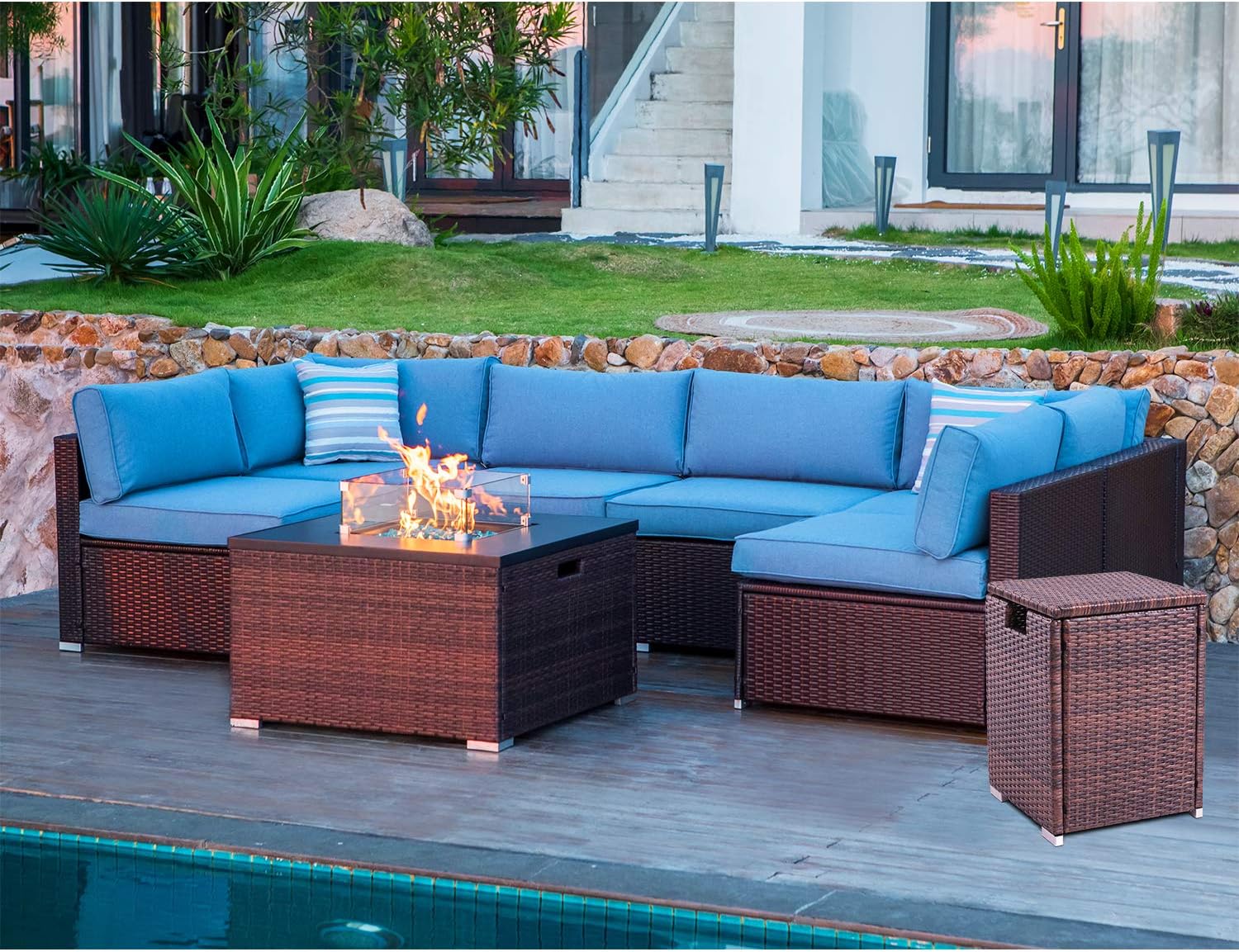 COSIEST 9 Piece Propane Fire Pit Table Outdoor Sectional Sofa, Chocolate Brown Patio Furniture Set w 32-inch Square Wicker Fire Table (40,000 BTU),Wind Guard and Tank Table for Garden, Pool, Backyard