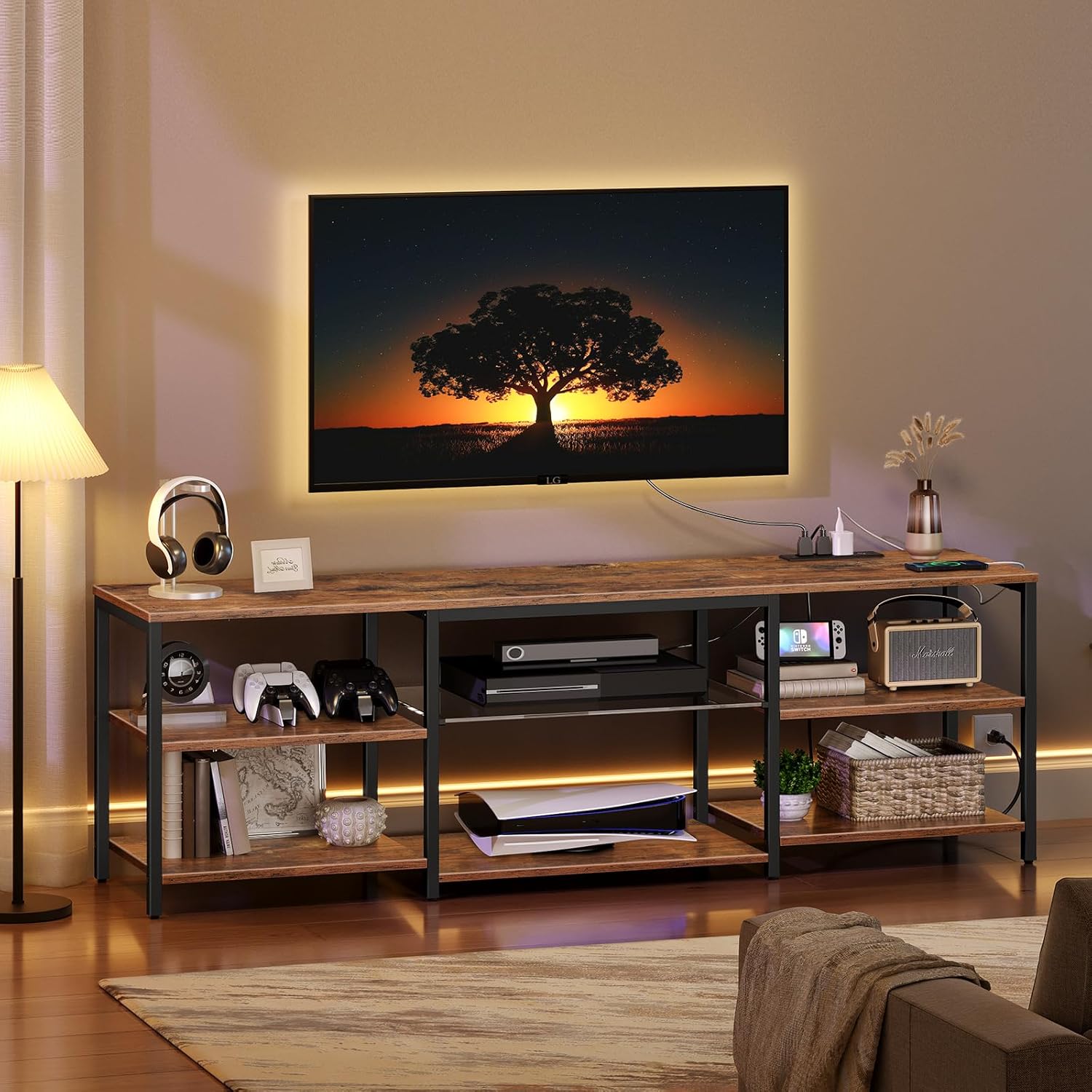 HOOBRO LED TV Stand and LED End Tables Bundle, Gaming Entertainment Center with Charging Station, Side Tables Set of 2 with Charging Station and LED Lights, BF21UDDS01-BF112UDBZP201