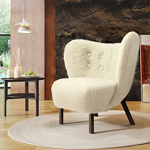 Modern Accent Chair with 4 Solid Wood Legs, Lambskin Sherpa Wingback Tufted Side Chair,Single Sofa Armchair for Bedroom, Living Room, Office, Kids Room, Hotel Cream