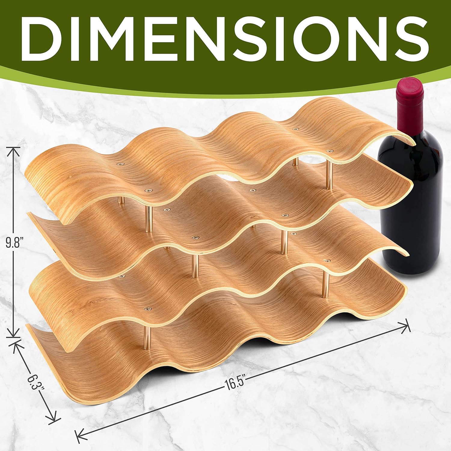 SereneLife Bamboo Wine Rack - 4 Tier Countertop Shelf with Slots That Holds 14 Bottles, Unique Stackable Wooden Holder, Save Space for Cabinet, Kitchen and Pantry, Modern Contemporary Wave Design