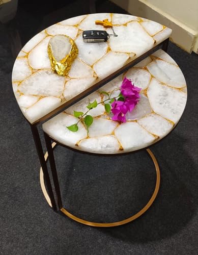 Special Antique White Agate Semi- Precious Stone Round Table Gold and White Agate Stone Coffee Table Side Table Top Natural Gemstone Dining Table Living Room Table End Table (42 x 42 Inches)