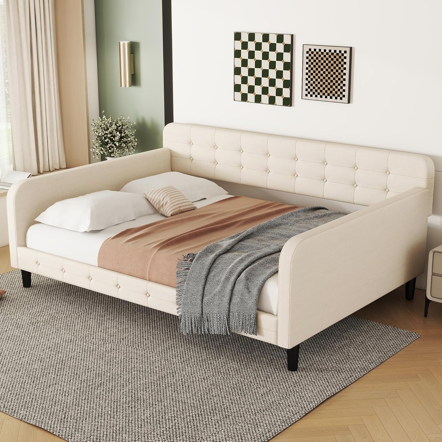 Full Size Upholstered Tufted Daybed with 4 Support Legs, Sofa Bed Frame with Comfortable Backrest and Armrests, for Living, Bedroom, Guest Room, Beige