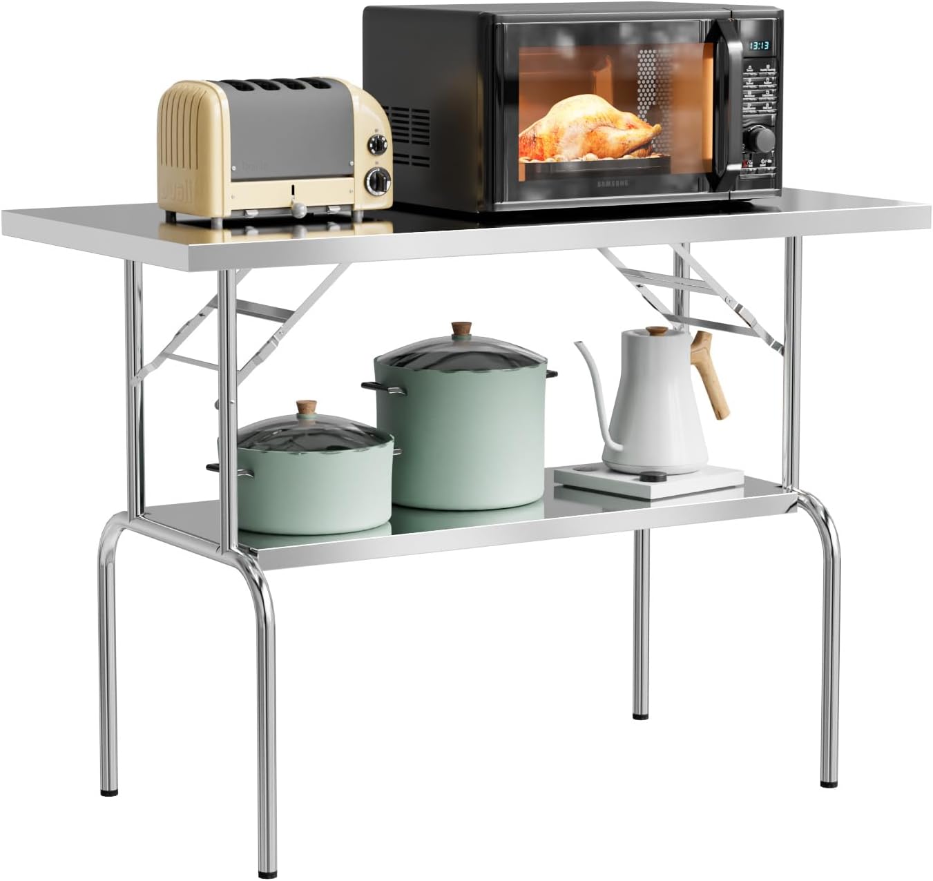 ROVSUN Stainless Steel Folding Table 48 x 24 Inches, Portable Commercial Folding Prep Table with Undershelf, Heavy Duty Foldable Table for Home Kitchen Restaurant Hotel Outdoor Camping Picnic
