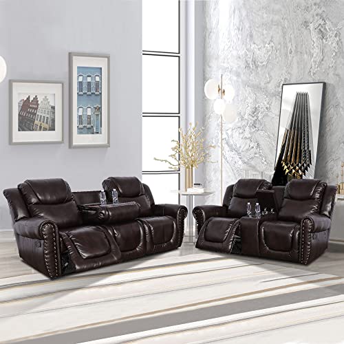 Manual Leather Recliner Sofa Set,Living Room Furniture Set, Leather Couch Set with Storage Console & Cup Holder for Living Room/Apartment(Sofa+Loveseat,2 Pieces Leather Sofa Set) Brown
