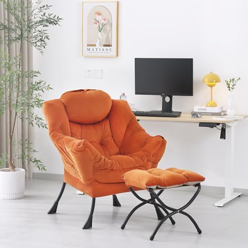 Lazy Chair with Ottoman, Modern Accent Chair Contemporary Lounge Leisure Sofa Chair with Armrests, Reading Chair and Folding Footstool Set for Living Room, Bedroom, Office, White Grey