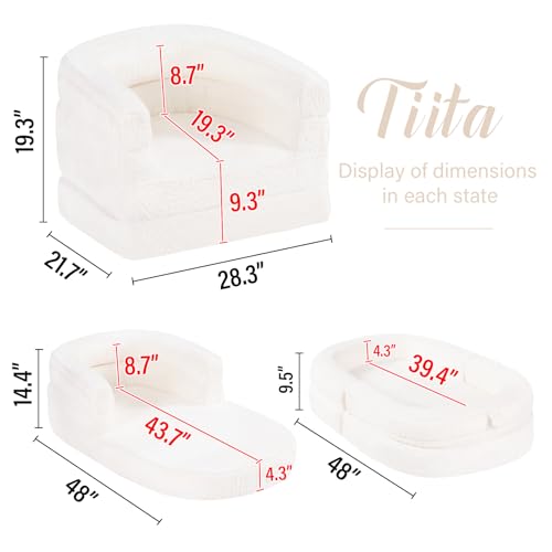Tiita 3-in-1 Kids Sofa Bed, Comfy Kids Couch Plush Toddler Chair Bed, Convertible Toddler Travel Beds, Folding Kids Couch with Washable Cover Carrying Handle for Girls and Boys