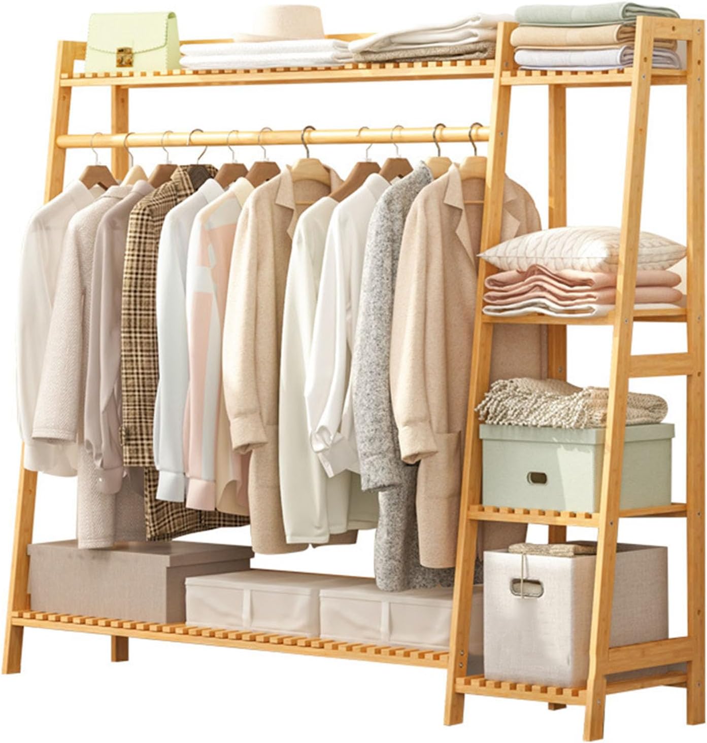 Bamboo Clothing Garment Rack, 4 Tier Storage Shelf Coat Clothes Hanging Rack Portable Wardrobe Closet Organizer with Top Shelf Shoe Storage Shelves for Hallway Entryway Coat Hanger Stand