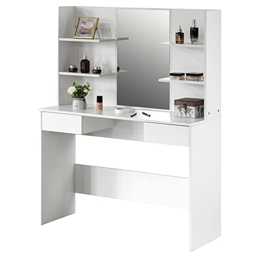 Black Modern Wooden Dressing Table with Drawer, Mirror and Shelves for The Dining Room, Entryway and Bedroom