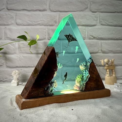 Resin wood Lamp, Epoxy resin lamp, Gift for Home Decor,Valentine, Sea turtle and Diver Night Lights, Ocean Night Light, Kids gift, Fathers day gift, Deep Blue Sea. (Size S(4,8 * 6,8) inch)