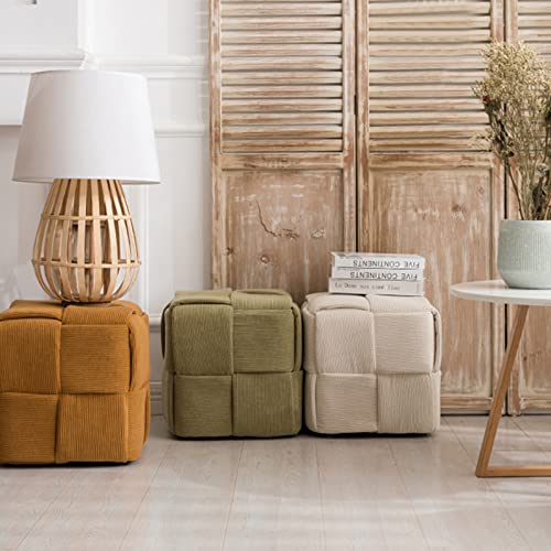 QQXX Handmade Woven Cube Pouf Ottoman,Velvet Upholstered Foot Stool,Modern Padded Square Footrest Stool for Living Room Bedroom Entryway(15x15x15, Brown)