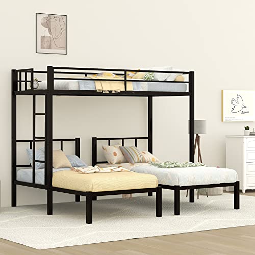 Triple Bunk Bed for 3 Kids Twin Over Twin Bunk Beds Frame with Ladder & Safety Guardrail, Detachable Metal Triple Bunkbed for Kids/Teen/Adults Bedroom, No Box Spring Needed