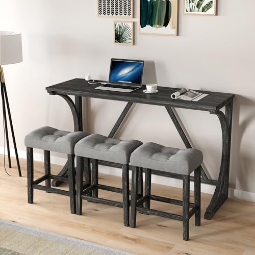 Knocbel Industrial 3-Person Counter Height Bar Table Set with Power Outlet, 4-Piece Dinette Set with Padded Seat Stools, Apartment Condo Small Space Pub Bistro Dining Furniture Set (Brown Yellow)