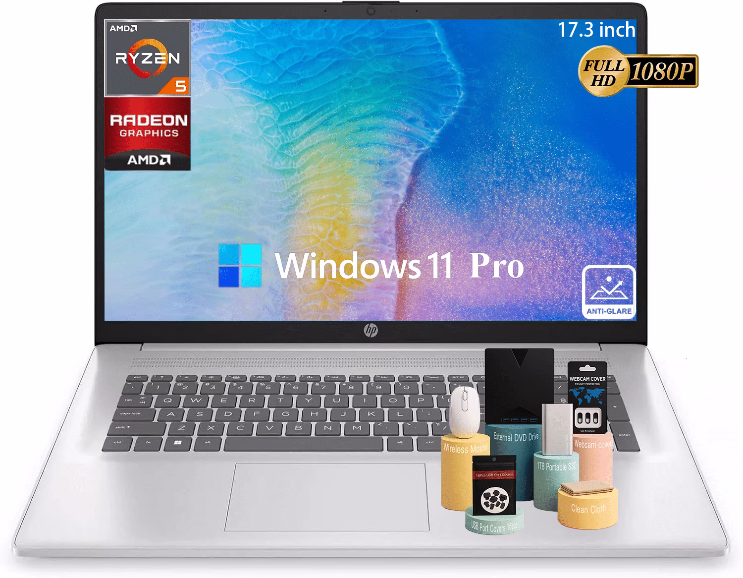 HP 17 inch Laptop, 17.3" FHD Display, AMD Ryzen 5 7430U Processor, 64GB RAM, 2TB SSD, AMD Radeon Graphics, Anti-glare, Wi-Fi 6,Win 11 Pro