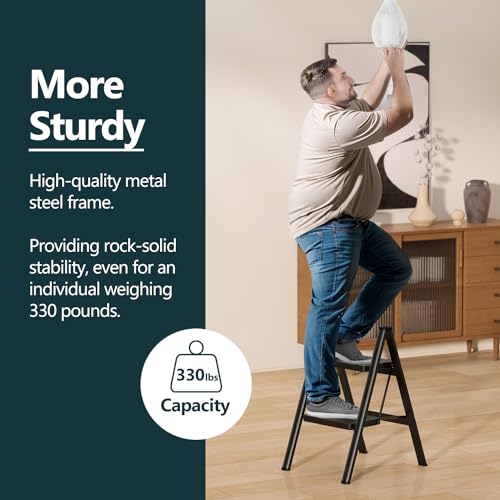 3 Step Ladder, Folding Step Stool with Non-slip Pedals, Portable Stepping Stool for Adults, Sturdy Steel Ladder, Space Saving for Home, Anti Skid Feet, Support 330lbs - Black