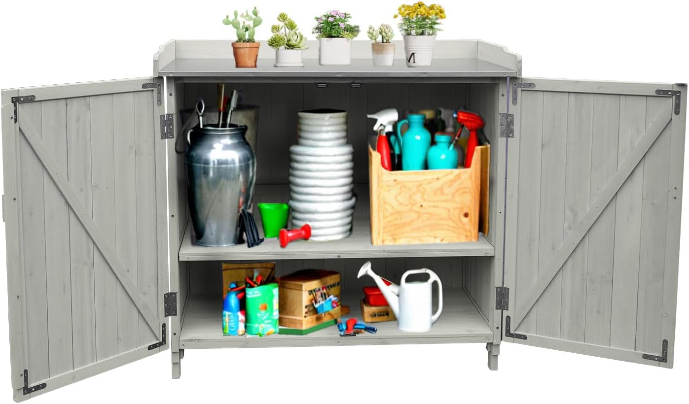 Outdoor Potting Table Wooden Storage Cabinet Waterproof Tool Shed Double Doors Garden Work Bench for Backyard (Gray)