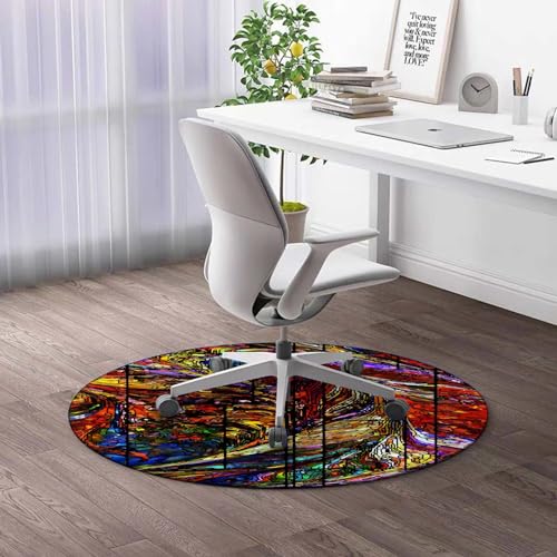Round Rug 5 FT Tribal Office Chair Mat for Carpets Abstract Geometric Heavy Duty Floor Protector Multi-Purpose Carpet Low-Pile Desk mat for Office Home