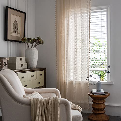 JOOJA 2 Panels Boho Curtains for Living Room Bohemian Lace Sheer Curtains Crochet Vintage Beige Curtains for Bedroom (Crochet Beige Diamond, 59x84)